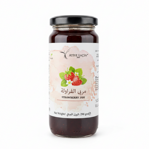 Atiye Laçin Strawberry Jam 65% Fruit 290g in a glass jar - Orontes Grocery 