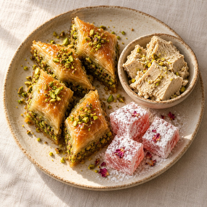 Pistachio baklava, Turkish delight and halva