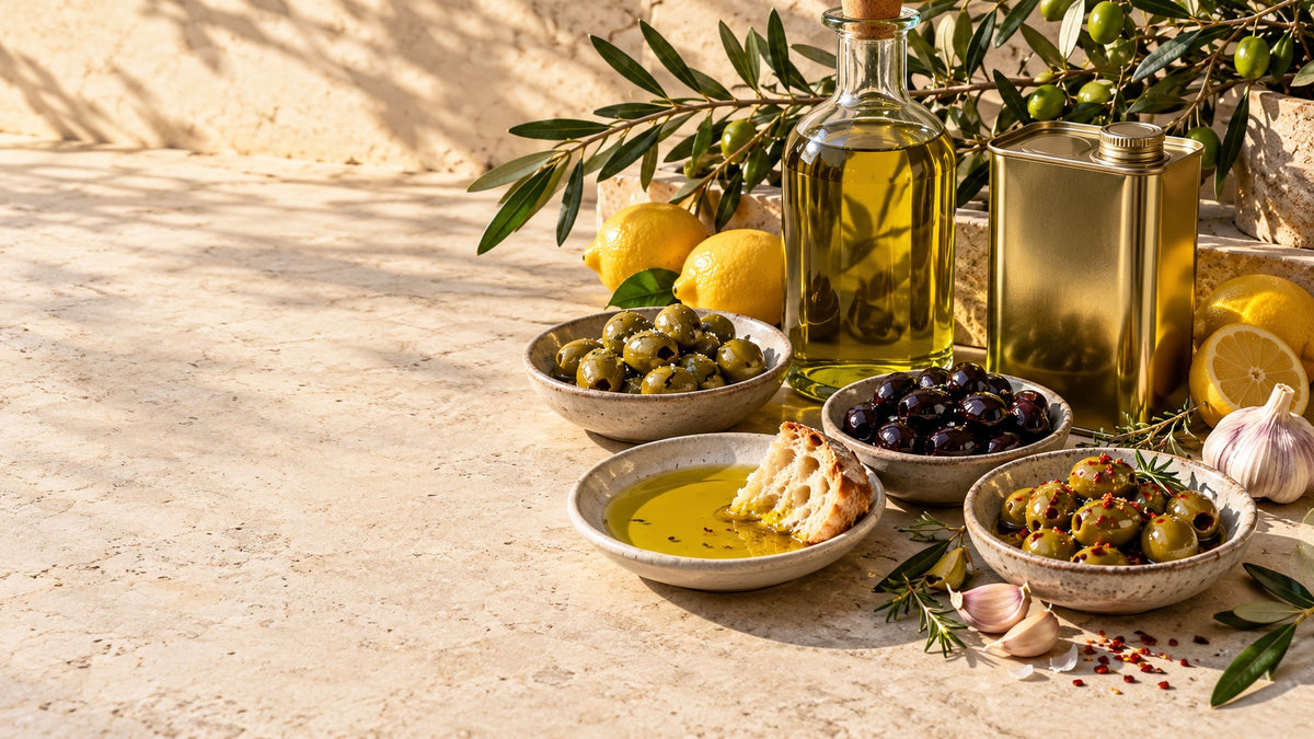 Olive oil, green and black olives and bread on a limestone counter