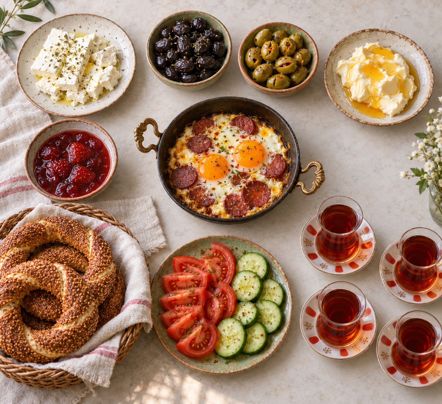 Turkish breakfast table seen from above