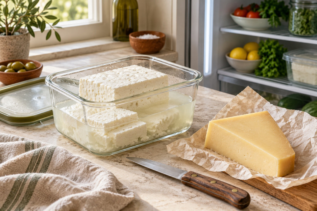 White cheese kept in brine in a glass container, kashar wrapped in paper