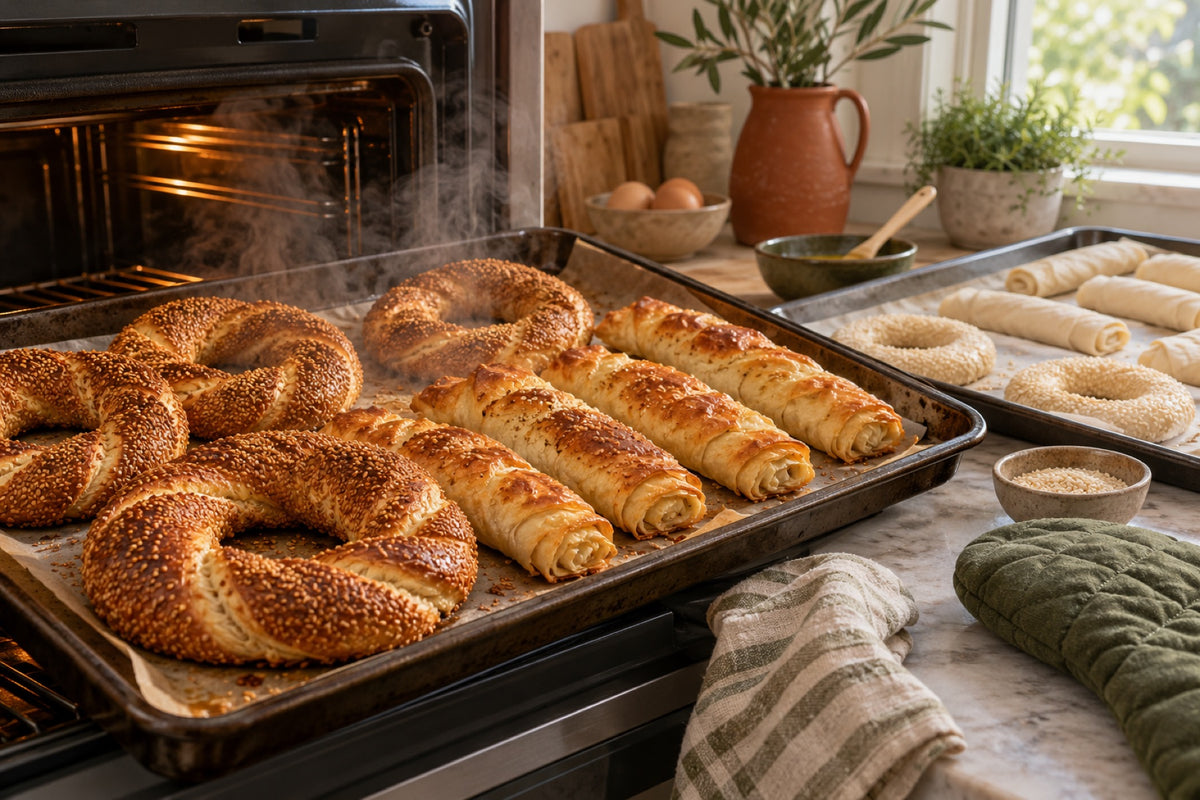 Simit and borek baked from frozen on an oven tray