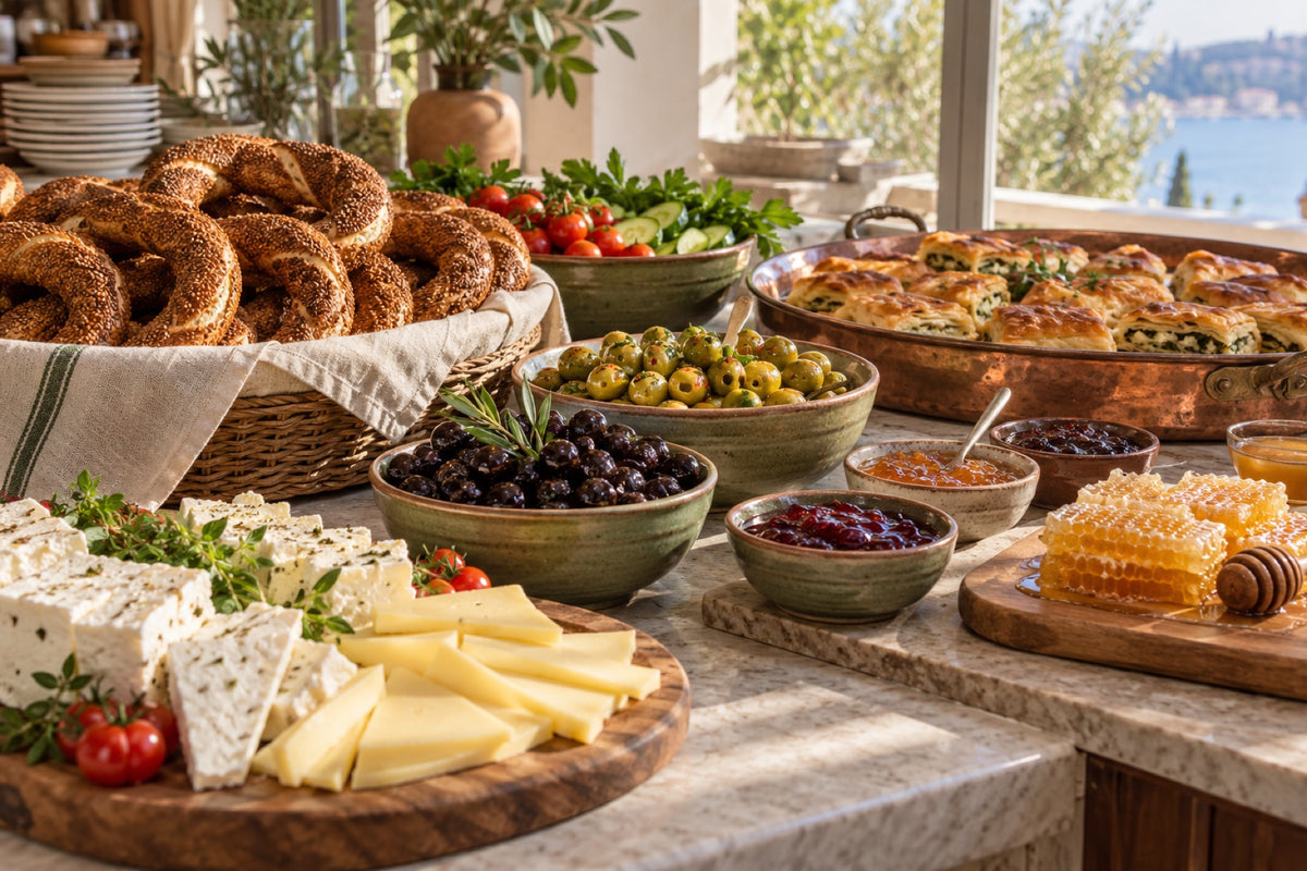 Hotel breakfast buffet with Turkish cheeses, olives, simit and borek
