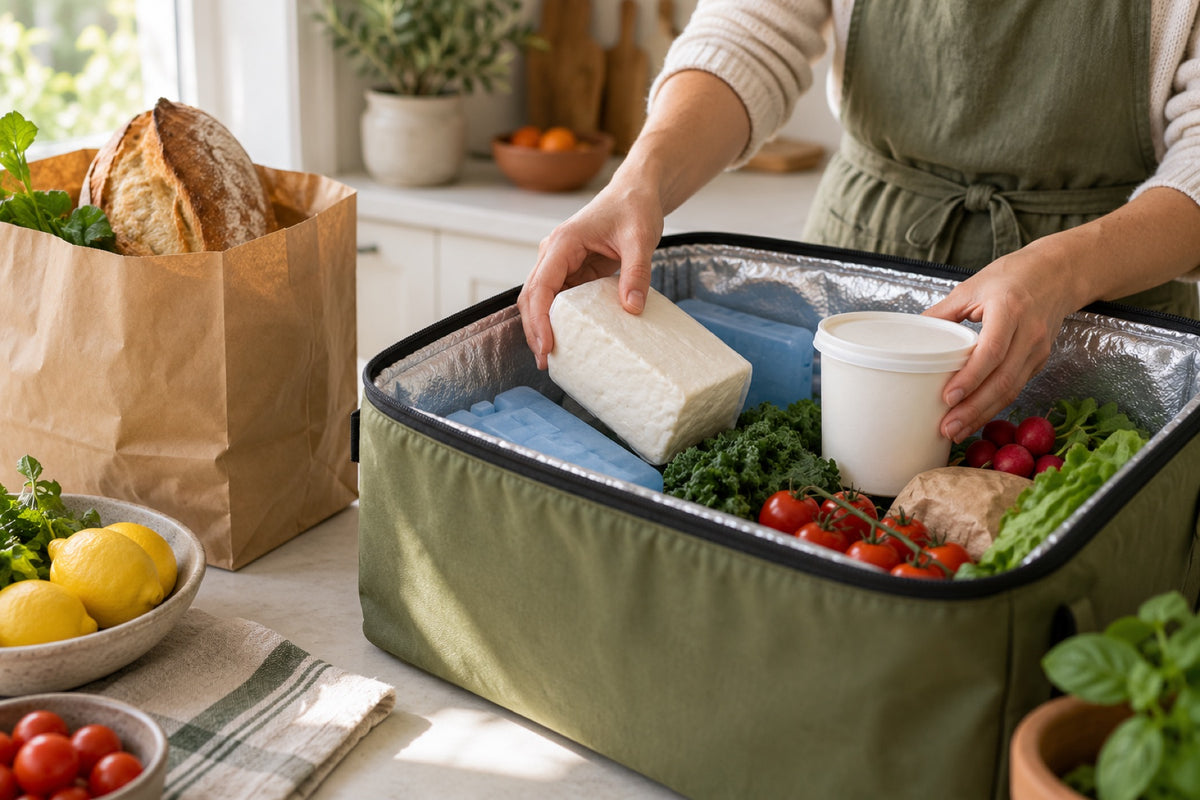 Chilled groceries packed into an insulated box with ice packs