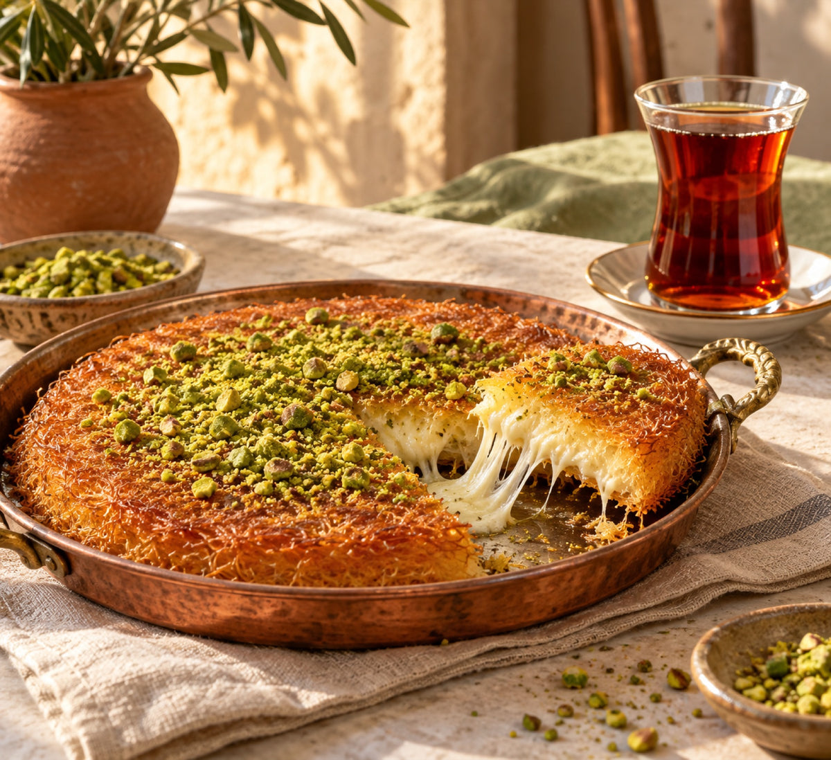 Baked kunefe with melted cheese and crushed pistachio