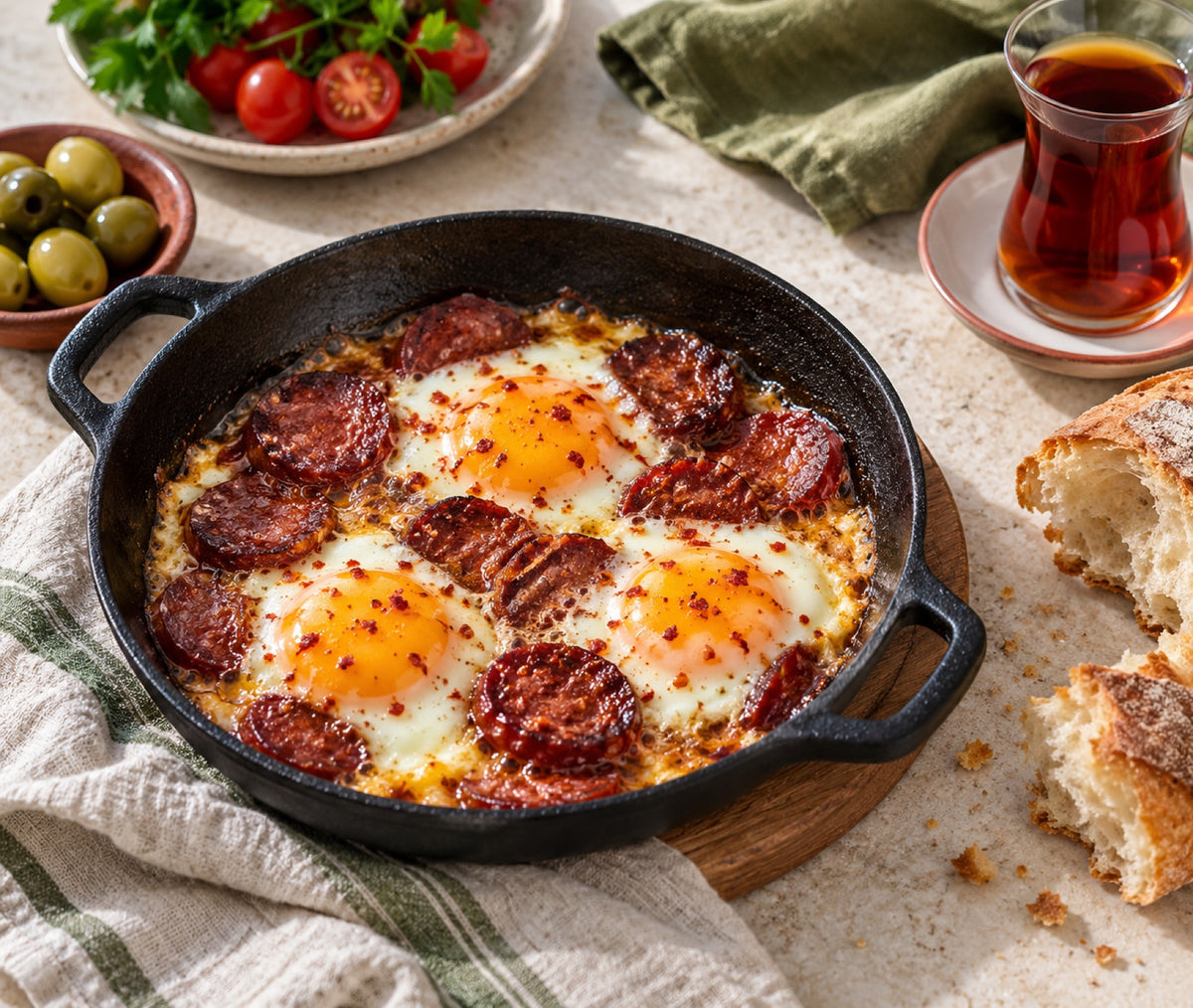 Sucuk and eggs in a cast-iron pan with bread and tea