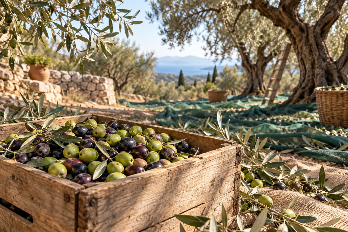 Freshly picked olives in a wooden crate in an olive grove