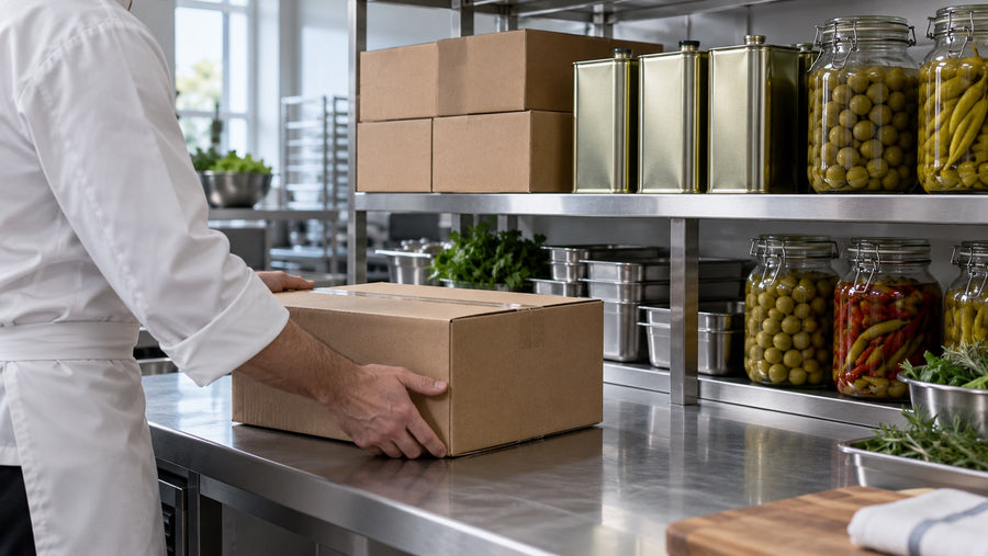 Restaurant prep kitchen with cases, olive oil tins and jars of olives on steel shelves
